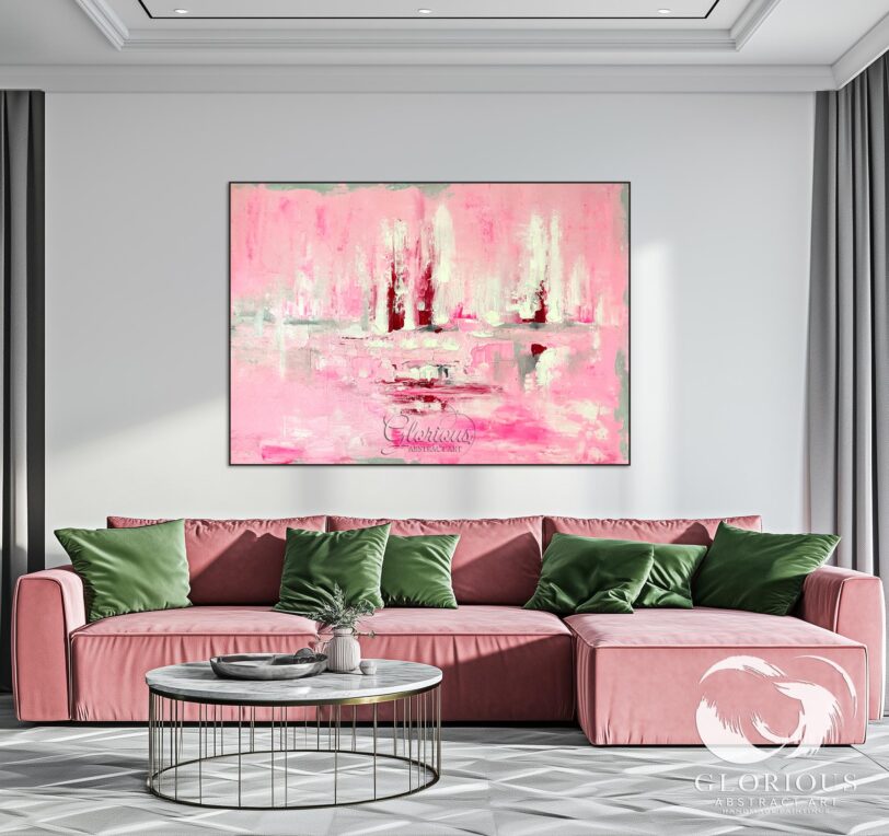 Soft pink and white abstract wall art styled in a modern home office with neutral decor.