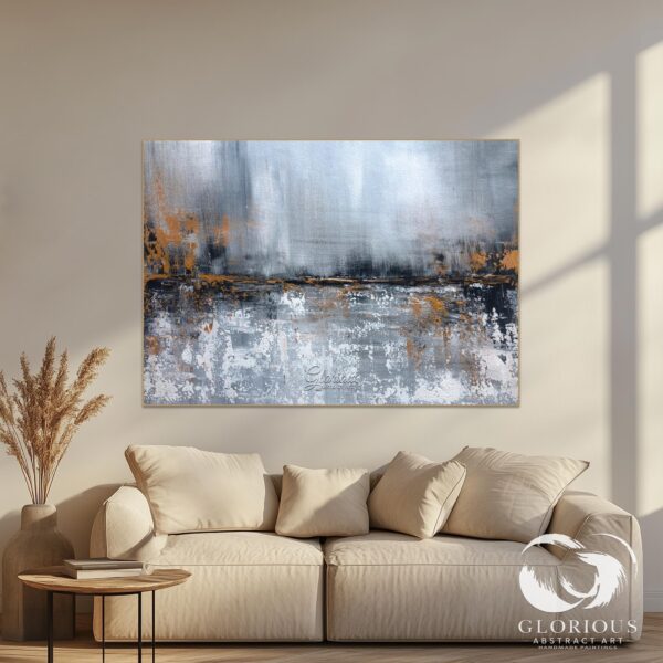 Gray and gold abstract painting with textured brushstrokes on canvas.