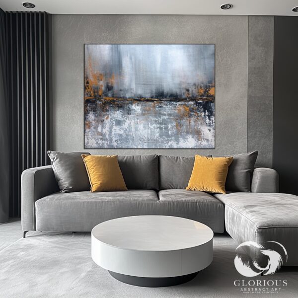 Gray and gold abstract painting displayed on a large wall, ideal as a statement piece.