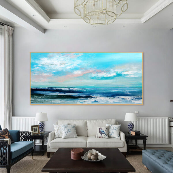 Coastal wall decor with a peaceful ocean scene in calming colors.