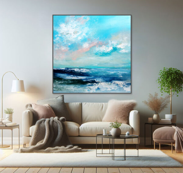 Large abstract seascape painting in blue and green with hints of pink, perfect for coastal homes.