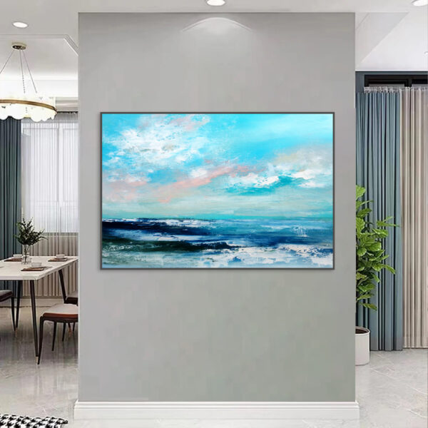 Large abstract seascape painting in blue and green with hints of pink, perfect for coastal homes.