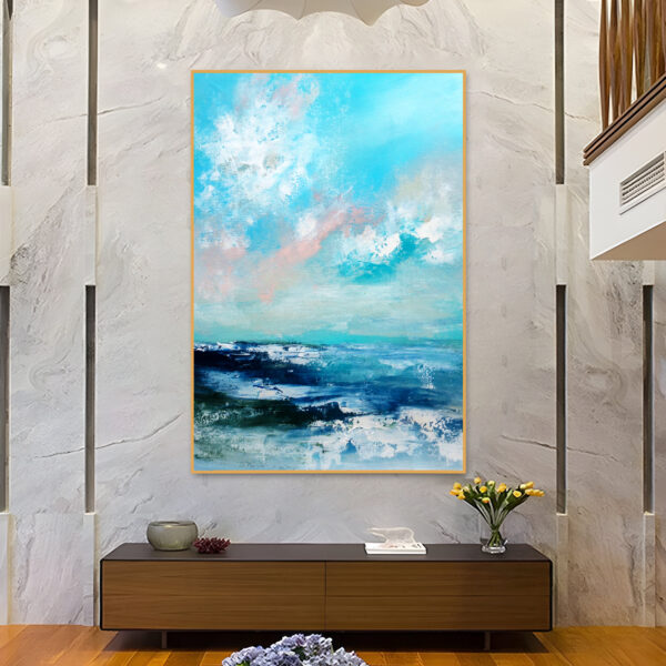 Large coastal-inspired abstract painting featuring serene blues and greens.