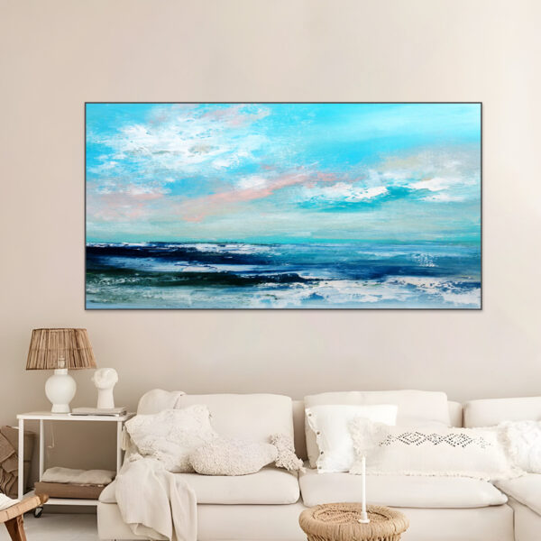 Abstract seascape painting in soft blue, green, and pink, ideal for modern decor.