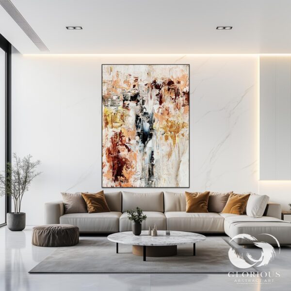 Side angle of a large abstract painting with textured brushstrokes in beige and gold.