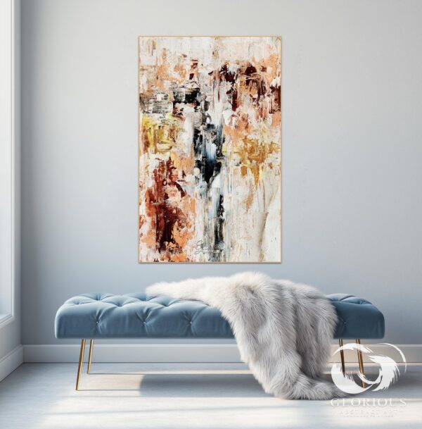 Large abstract painting in beige and gold with rich texture, displayed in a cozy home office.