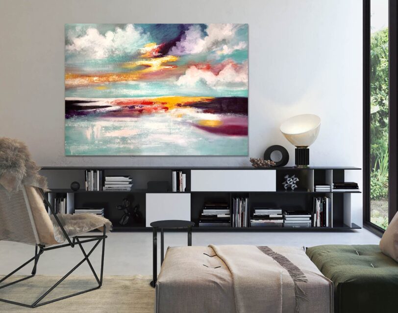 Sunset Painting – Seascape with Clouds, Sun, and Water Waves - Image 3