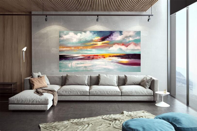 Sunset Painting – Seascape with Clouds, Sun, and Water Waves - Image 2