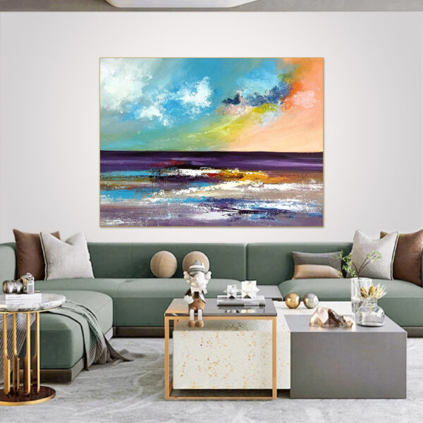 Abstract ocean sunset painting with vibrant colors on large canvas