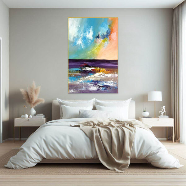 Vibrant sunset over calm sea abstract painting for living spaces