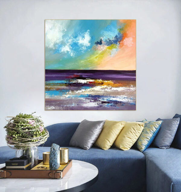 Colorful seascape artwork featuring purple horizon and textured waves