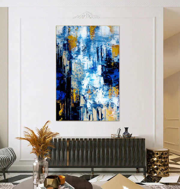 Blue abstract painting with bold strokes and modern design.