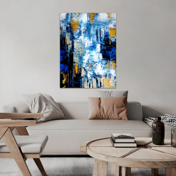 Handmade abstract canvas art with ocean-inspired colors.