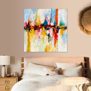 Vibrant abstract painting with a mix of red, yellow, and blue hues.