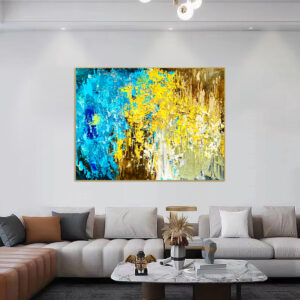 Large-scale modern art with impasto technique in blue and yellow