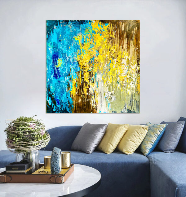 Textured blue and yellow acrylic painting for modern interiors