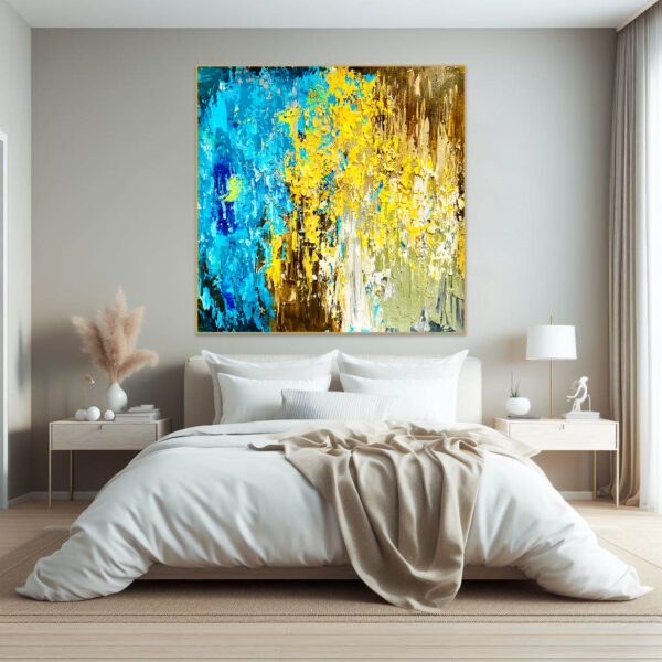 Abstract expressionist painting featuring dynamic blue and yellow hues