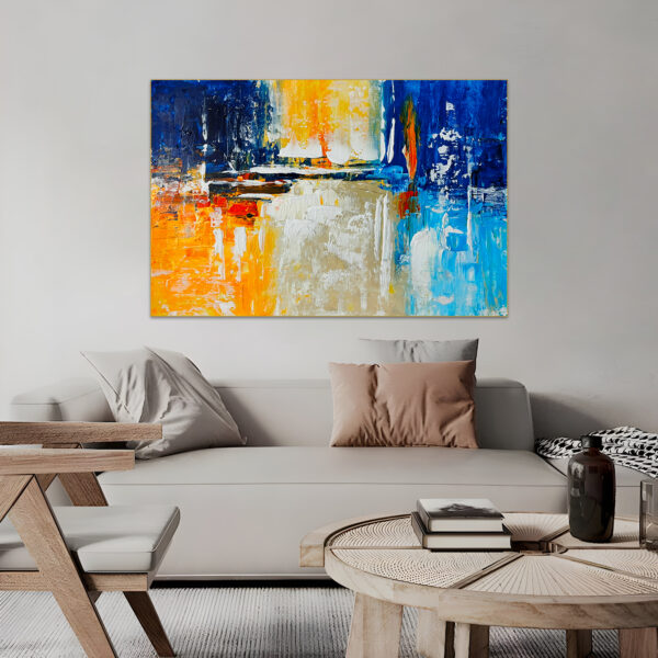 Blue and orange abstract art for statement wall decor