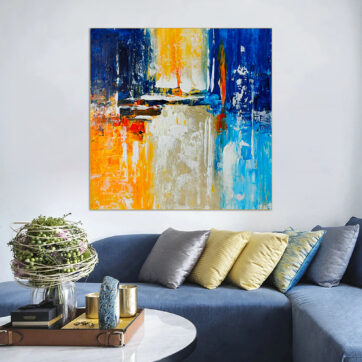 Textured large-scale painting with vibrant color composition