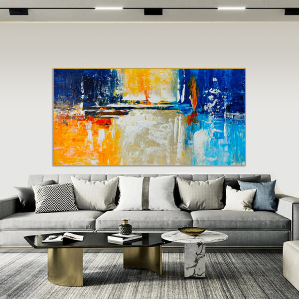 Vibrant abstract painting with blue, orange, and yellow hues