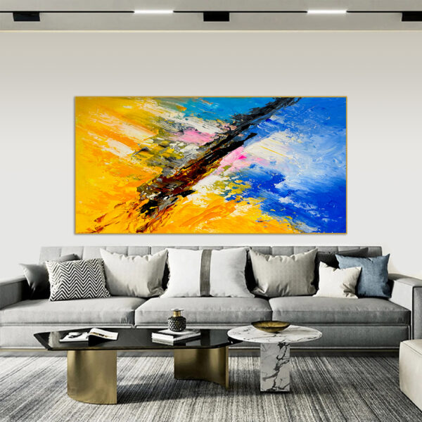 Extra large abstract canvas with bold blue and yellow strokes