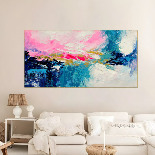 Vibrant abstract painting with pink and blue swirls