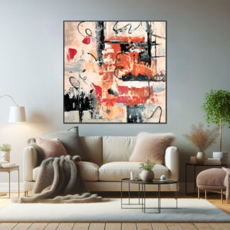 Abstract expressionism art with red and orange hues and black accents.