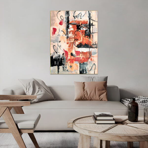 Large abstract wall art with a mix of red, orange, black, and white.