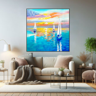 Hand-painted seascape artwork with sailboats and reflective ocean waters at sunset.