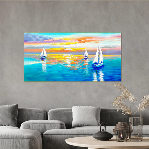 Handmade seascape painting with sailboats at sunset, featuring vibrant blue, orange, and yellow hues