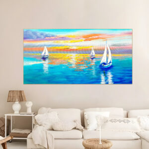 Extra-large seascape painting of sailboats on a serene ocean during sunset