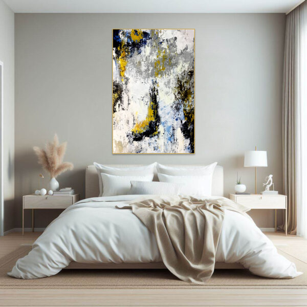 Bold abstract painting with blue and yellow tones