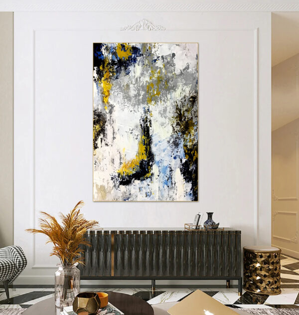 Large abstract canvas with blue, yellow, and grey textures