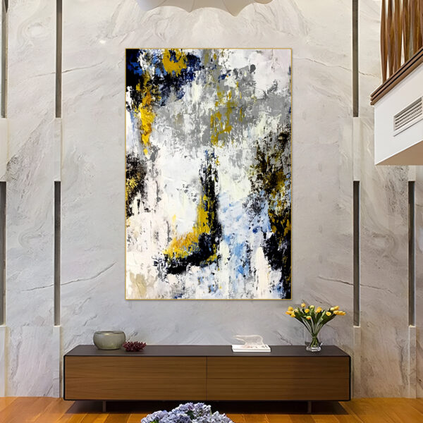 Abstract expressionist canvas art in blue and yellow