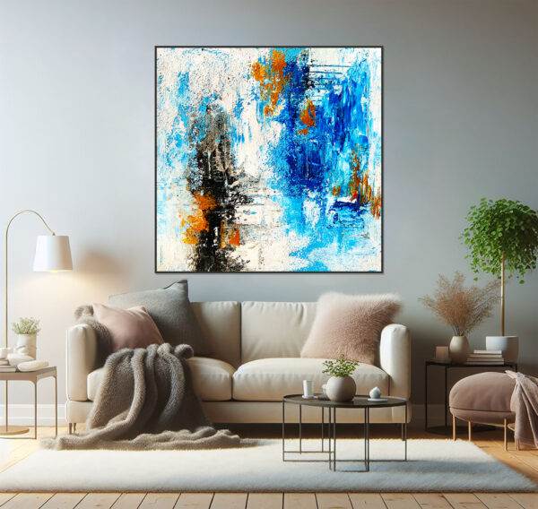 Handmade abstract painting on canvas with blue, black, white, and orange colors.