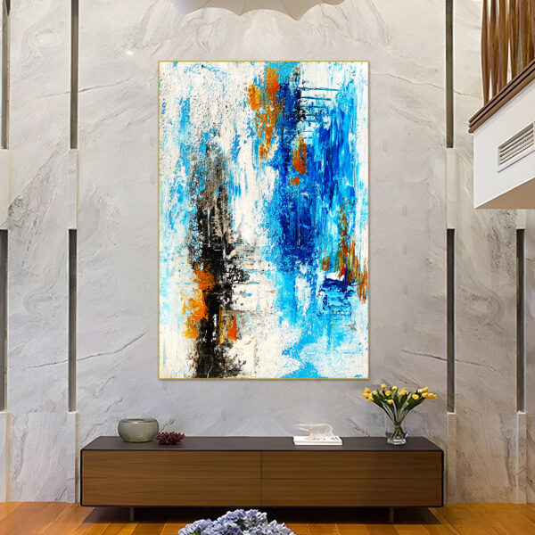 Abstract painting with blue and orange tones featuring bold brushstrokes and textured layers.