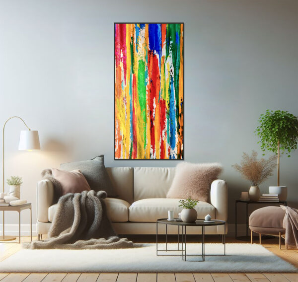 Oversized abstract painting displayed in a stylish living room.