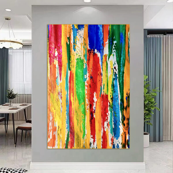 Large abstract canvas art with vibrant multicolor brushstrokes.