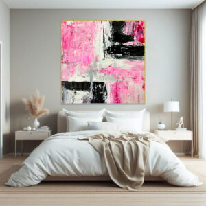 Abstract canvas art with pink, black, and white tones.