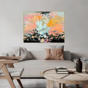 Vibrant abstract expressionist painting with pink, orange, and black