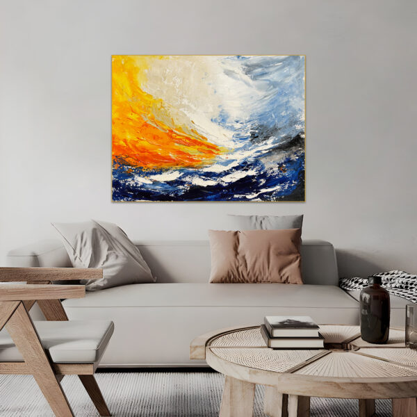 Abstract ocean waves in blue and yellow on large canvas