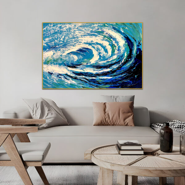 Close-up of handmade ocean wave artwork with thick texture