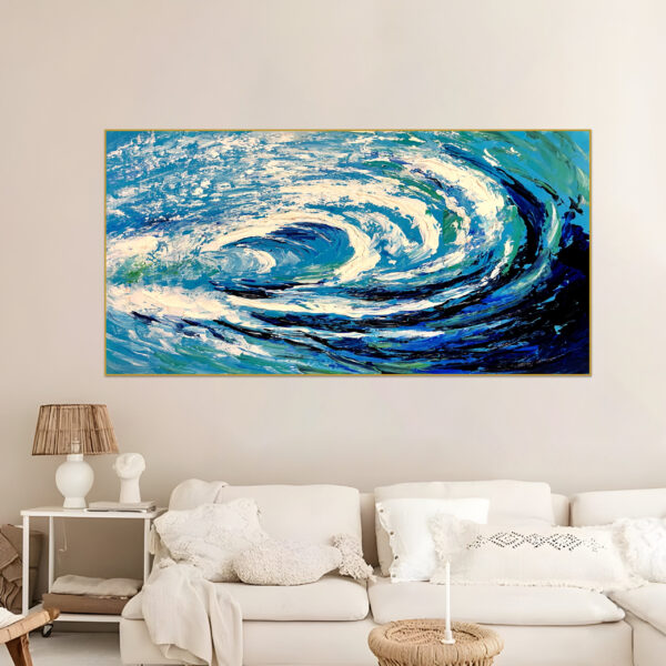 Handmade abstract ocean wave painting in blue and green tones