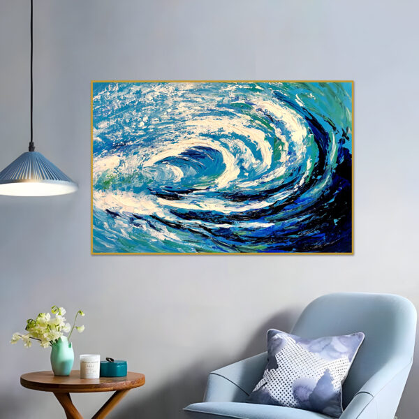 Dynamic blue and green ocean wave art with impasto texture