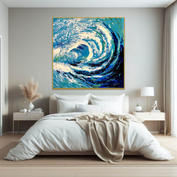 Modern seascape painting with vibrant blue and white waves