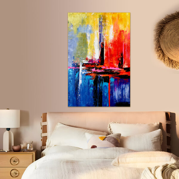 Bold textured canvas painting in red, blue, and yellow for modern decor.