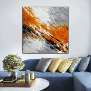 Handmade abstract canvas art in orange and grey tones