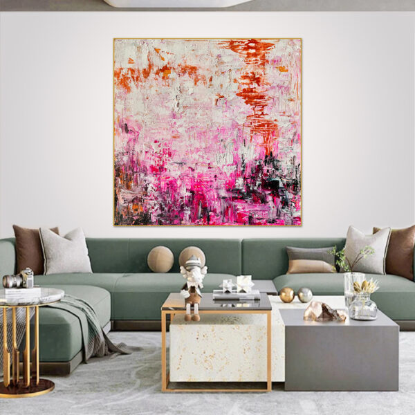 Abstract pink and orange textured painting on large canvas