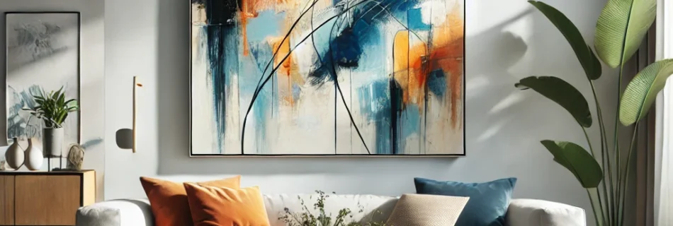 Modern living room with abstract art featuring bold colors like blue, orange, and yellow, enhancing the minimalist decor.