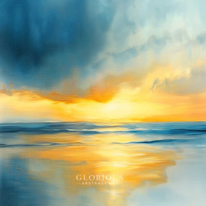 Golden sunset seascape abstract painting with dramatic clouds and ocean reflections in blue and yellow tones – tranquil coastal wall art